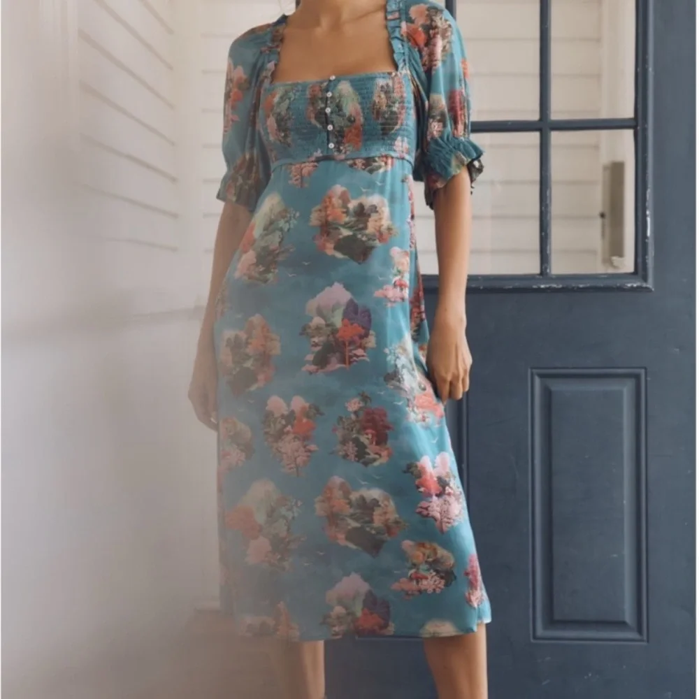 NWOT Anthropologie Teal Floral Smocked Puff Sleeve Midi Dress S - Picture 1 of 9